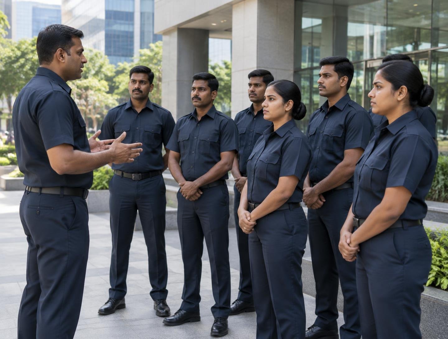 Professional security team receiving an operational briefing