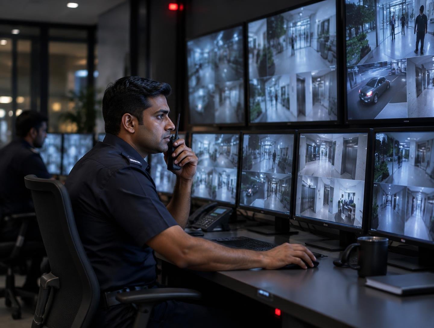 Security professional monitoring a modern surveillance control room